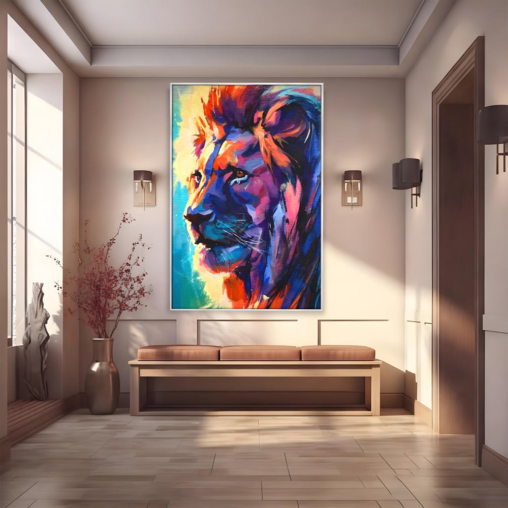 Tablou canvas cu tablou canvas cu leu colorat, in rama de aluminiu argintiu